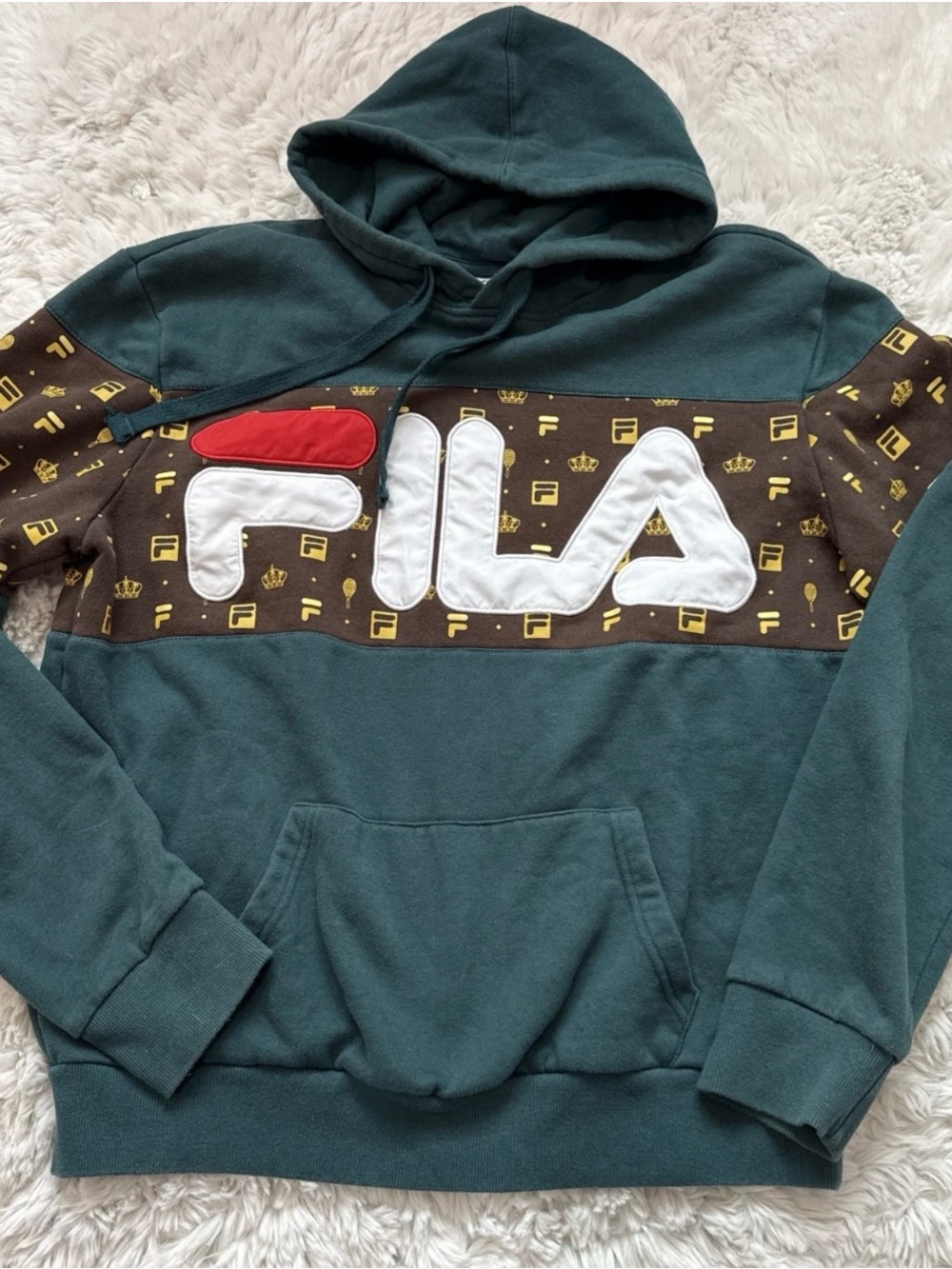 FILA Mens Hoodie Sweatshirt Monogram Green and Brown & Gold “F” Medium M
